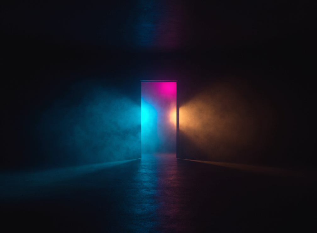 a lit doorway standing open in a dark room — the way out of the visibility map above
