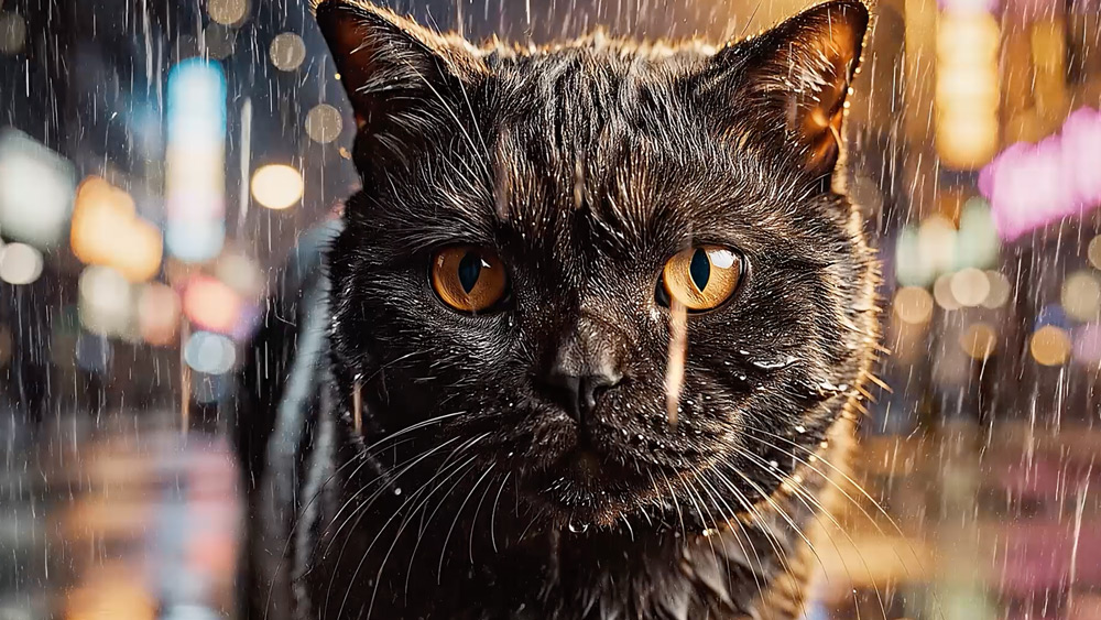 a rain-soaked cat under neon signage at night — an unedited frame from the nixm cinematic studio, no grading or retouching